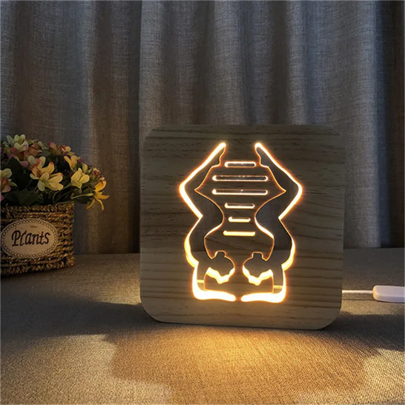 Лампа для йоги Тренажерный зал Деревянный 3D иллюзия Лампа резьба Креативный светодиодный ночник USB настольный стол для детей подарок украшение дома Прямая