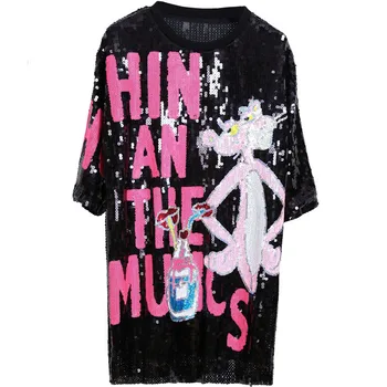 

Cute Vogue Ladies Summer Top Sequins Tee Shirt Femme Bling Fashion Long Casual Loose Cartoon Pink Leopard T Shirts