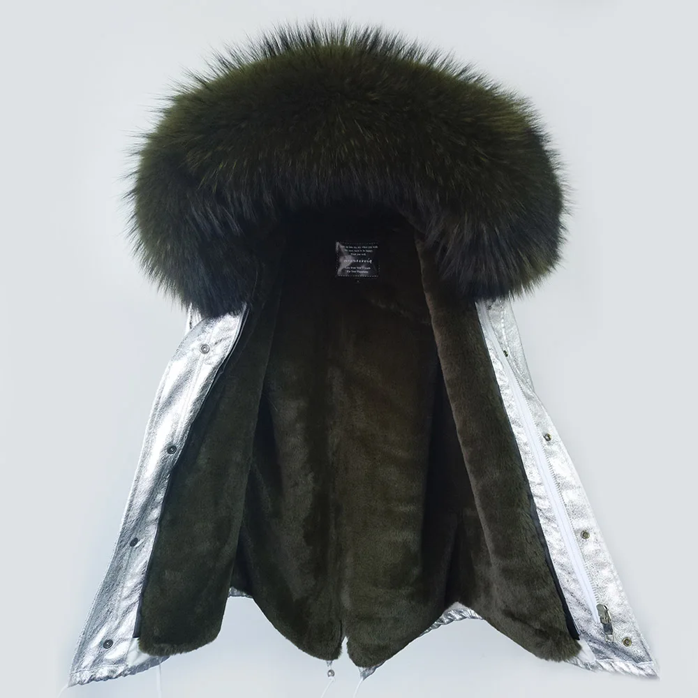 2018 Новое Женское зимнее пальто серебряного цвета, большое пальто с капюшоном из натурального меха енота, толстые парки, верхняя одежда, 2 в 1