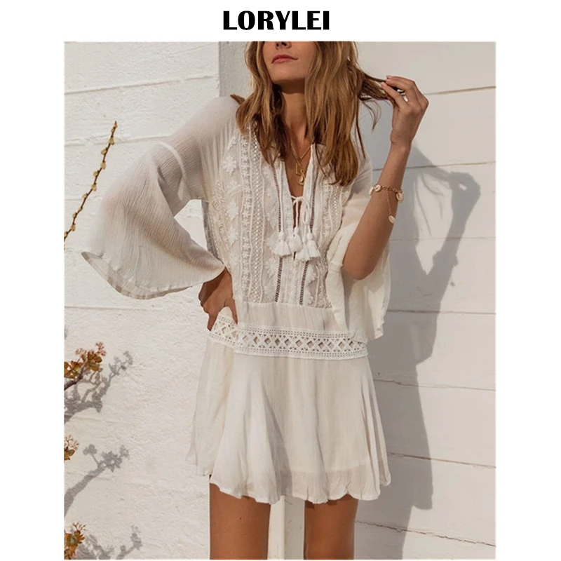 

Cover-ups 2019 Sexy Lace Up V-Neck Flare Sleeve Summer Beach Dress White Cotton Tunic Women Beachwear Swimsuit Cover Up N872