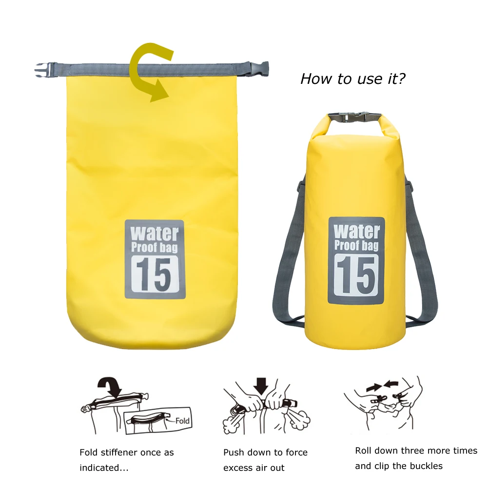 15L impermeable resistente al agua bolsa seca saco de almacenamiento paquete bolsa natación kayak piragüismo río Trekking pesca doble correas