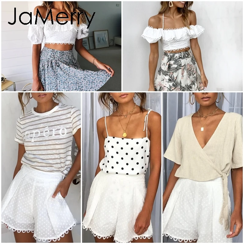 JaMerry Vintage off shoulder white embroidery two piece set romper Women polka dot jumpsuit playsuit Summer beach holiday suit