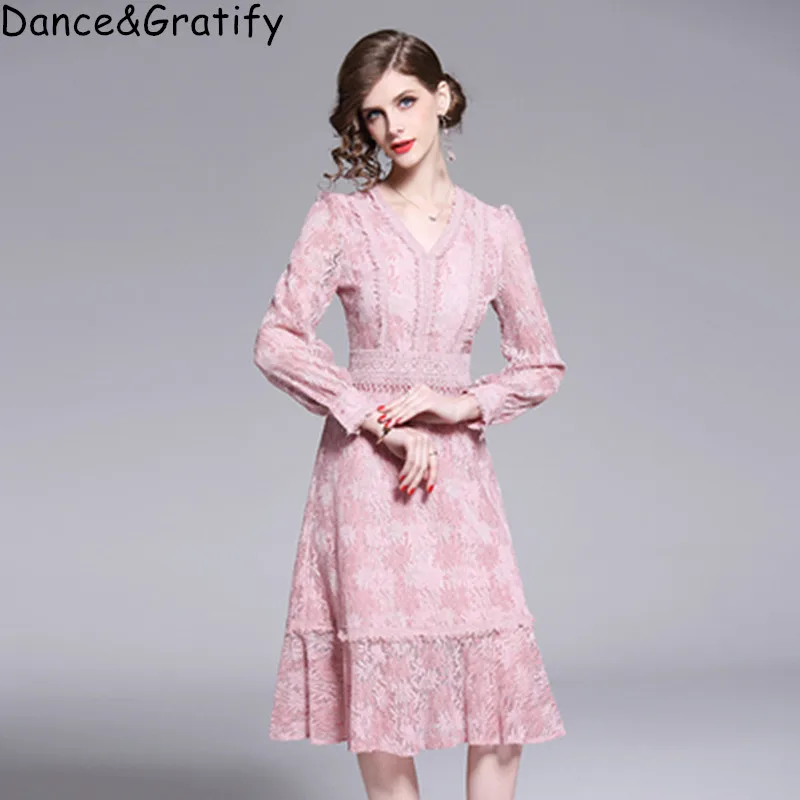 

New 2019 Spring Women Pink Lace Party Dresses Elegant Casual Office Lady Female Fashion V-neck European Style Dress