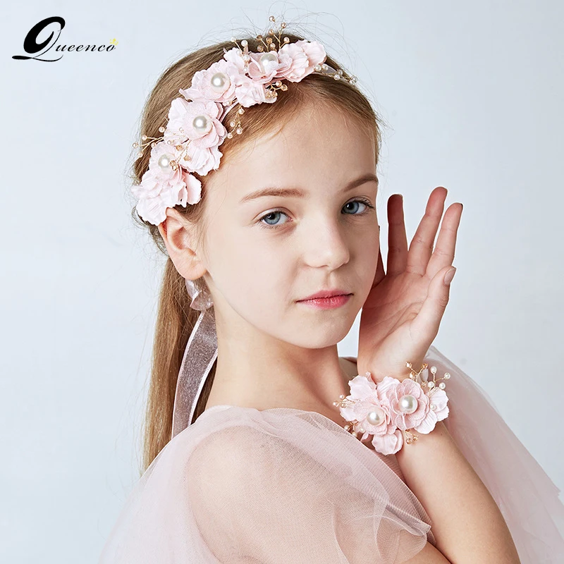 Pink Flower Headband Crystal Pearl Hair Jewelry Wedding Hair Accessories Girls' Wedding Party