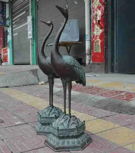 

free 30" old china chinese fengshui pure bronze longevity crane Hok bird statue pair fast