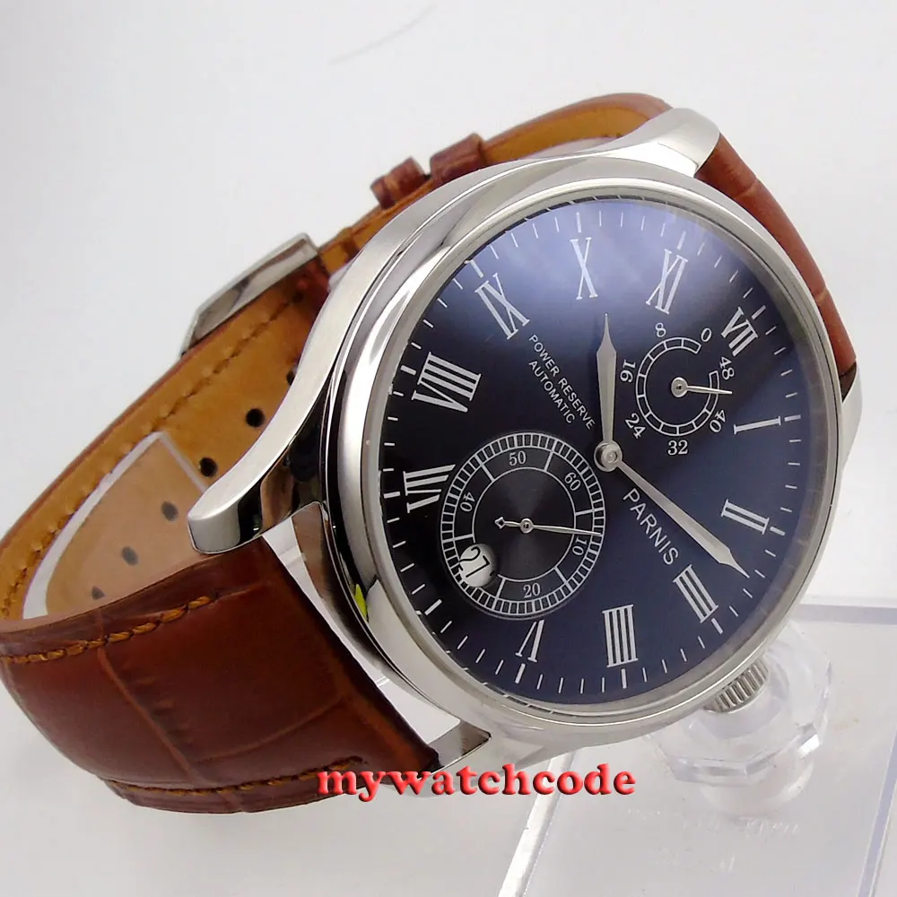 

43mm parnis black dial date power reserve brown strap automatic mens watch P198