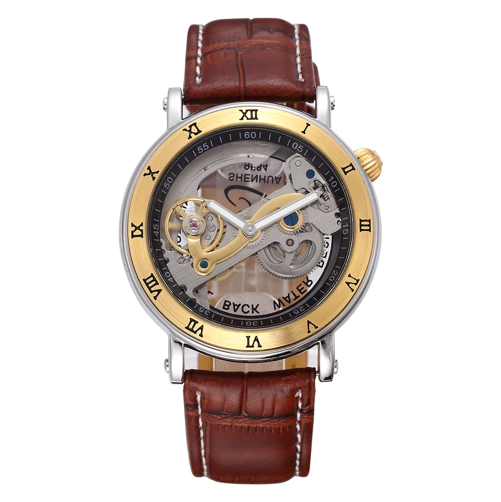 

SHENHUA Mens Watches Top Brand Luxury Golden Transparent Mechanical Skeleton Male Clock Relogios Automatic Leather Wristwatch