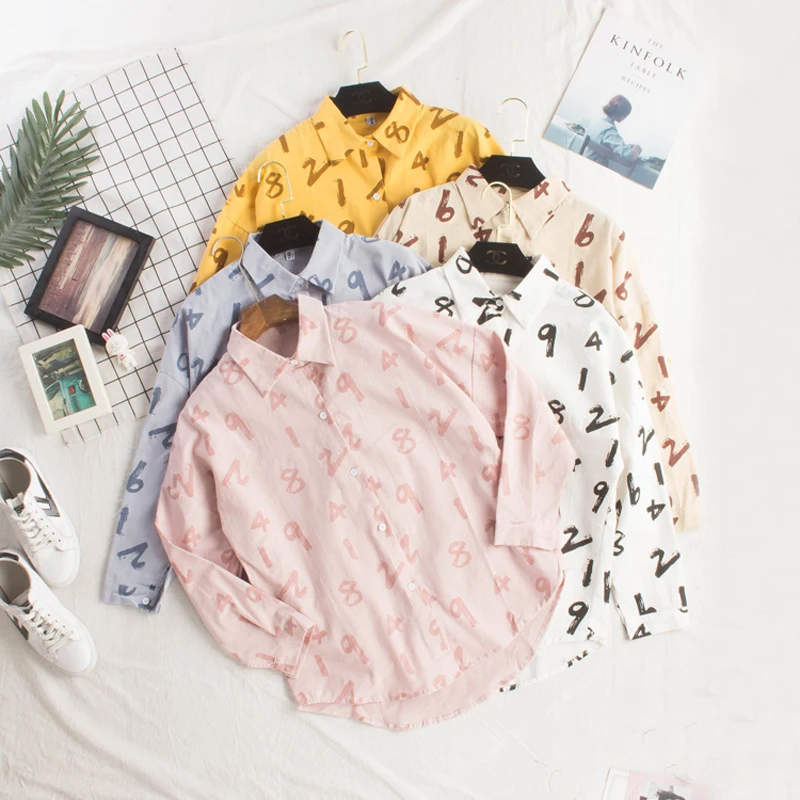 

2019 New Autumn Shirts Female Harajuku Sweet Candy Color Shirts Loose Long Sleeve Retro Lapel Digital Print Thin Shirts #2990