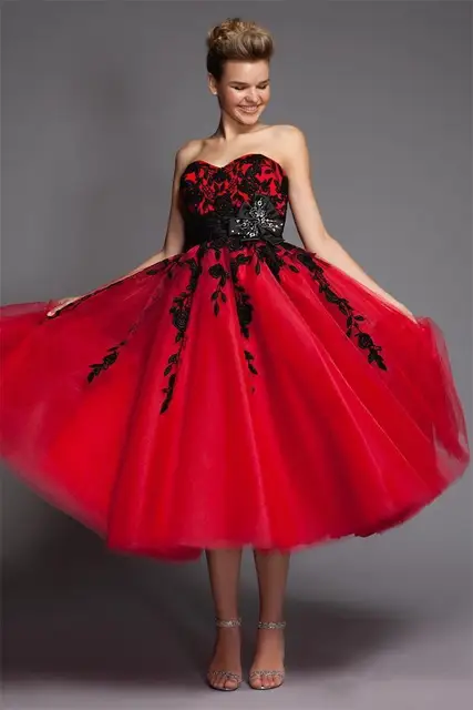 fashion2016tea longitud prom vestidos novia apliques de tul rojo y