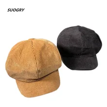 SUOGRY Retro High Quality Corduroy Beret Solid Newsboy Octagonal Hat Women Cap For Men The French Artist Beret