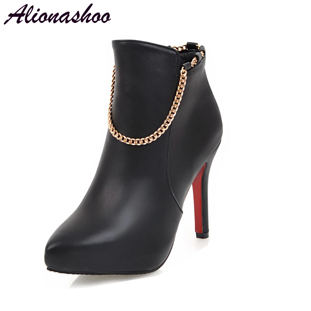 Alionashoo/Большие размеры 47, 48, весенне-осенние ботильоны martin на шпильке, обувь на молнии с цепочками, женские пикантные туфли-лодочки на