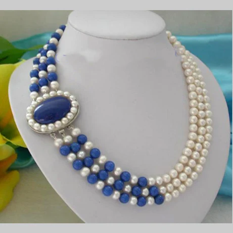 

Pearl Necklace,Classic 3 Rows 7-8mm Round White Freshwater Pearls Blue Lapis-es Necklace,Perfect Women Chirtstmas Gift