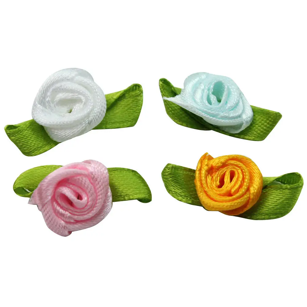 

100pcs Small Mini Satin Ribbon Flowers Rose Wedding Decor Sewing Appliques DIY for Wedding Dress or Clothes Decoration