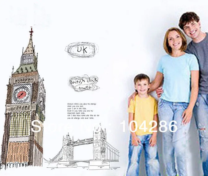 London tower Wall Sticker UK famous landmark decal British Clock Tower wall decoration 60*90CM Free Shipping | Дом и сад