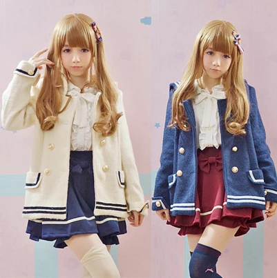 

Adomoe New Winter Navy Blue Sailor collar Coat Jacket Fashion Japanese Cute Body line Wool Blends for girls Preppy style