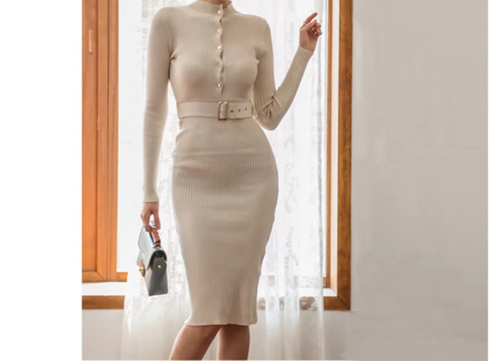 

2019 Autumn Temperament Apricot Slim Single Row Buckle Package Hip Dress Long Sleeve O-Neck Knitted Dress Belt