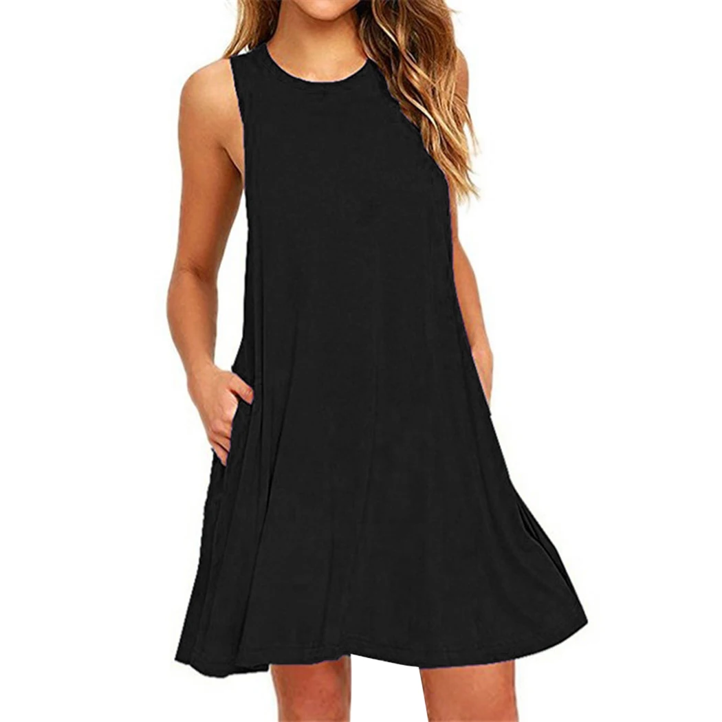 2018 Casual Mini Dress Women Summer Swing Solid Sundress Sleeveless ...