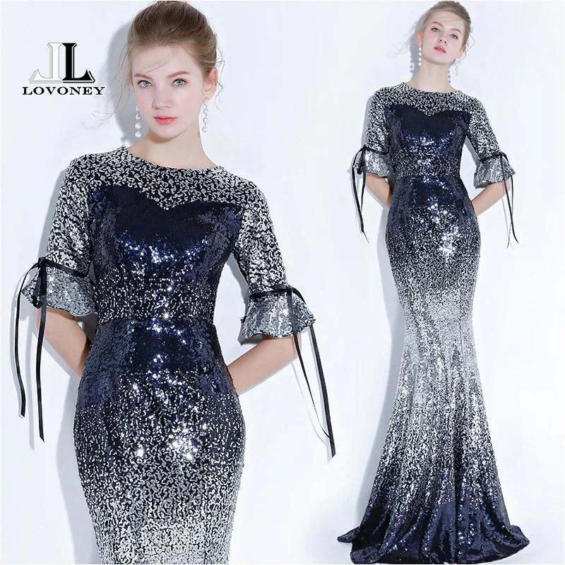 LOVONEY Elegant Mermaid Evening Dress Long Sequins Half Sleeves Formal Party Dresses Evening Gown Robe De Soiree YS430