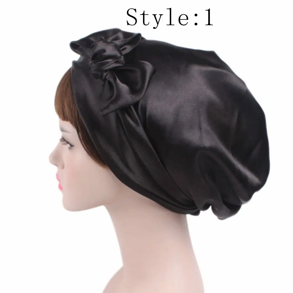 

2018 Fashion Women's Satin Flower Bow Headscarf Turban Hat Soft Bonnet Hair Wrap Lady Sleeping Cap Hats Free Shipping