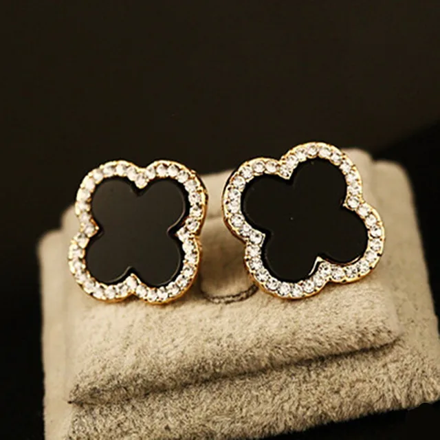 Brand Clover Stud Earrings Real 18K Gold Plated Fashion Crystal Flower