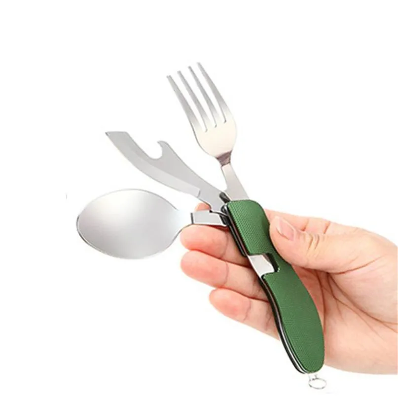 Camping Folding Combination Tableware 3in1 Folding Travel Camping Utensil Stainless Pocket Spoon Fork bottle opener #2O31 (8)