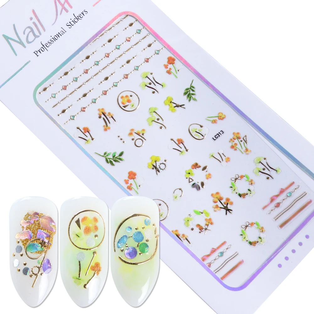 

1 Sheet Nail Sticker 3D Jewery Gold Nail Art Charms Decal Flower Geometry Adhesive Glitter Slider Manicure Accessory LALC313-324