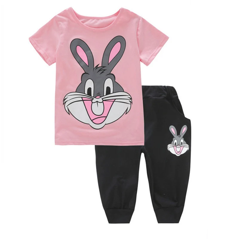 

Girls Rabbit Printed Clothing Suit Children's Clothing Summer Girls Short-sleeved Harem Pants Suit Elastic Pants Children Suit