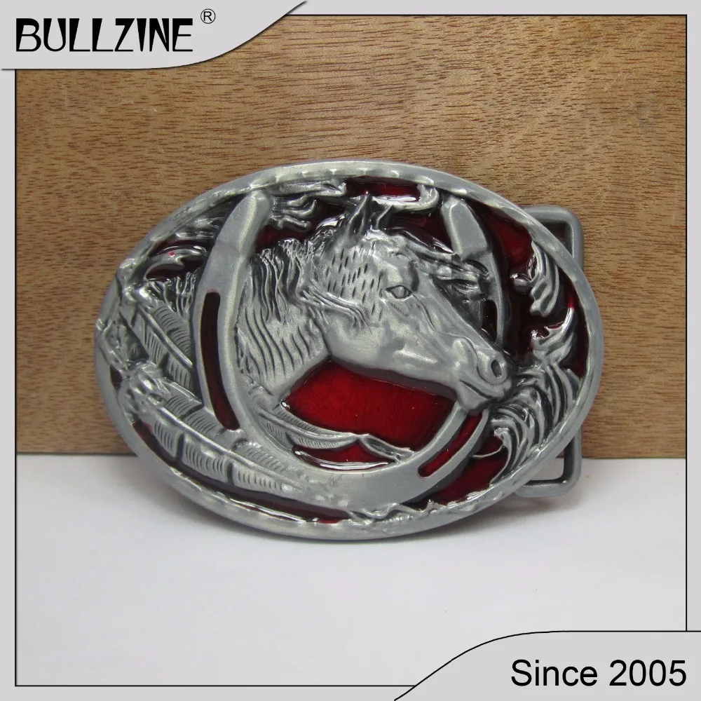 

The Bullzine horse belt buckle with pewter finish FP-02213 suitable for 4cm width snap on belt