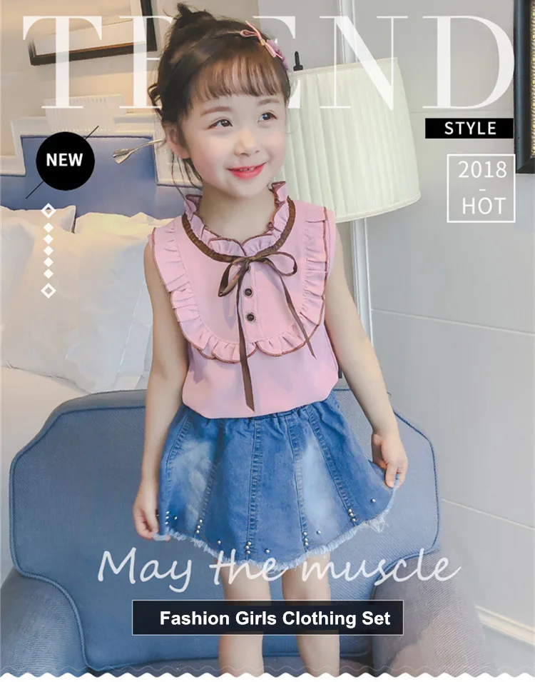 kids girls bowknot ribbon sleeveless shirts  denim short skirts girls clothes suits sets 01