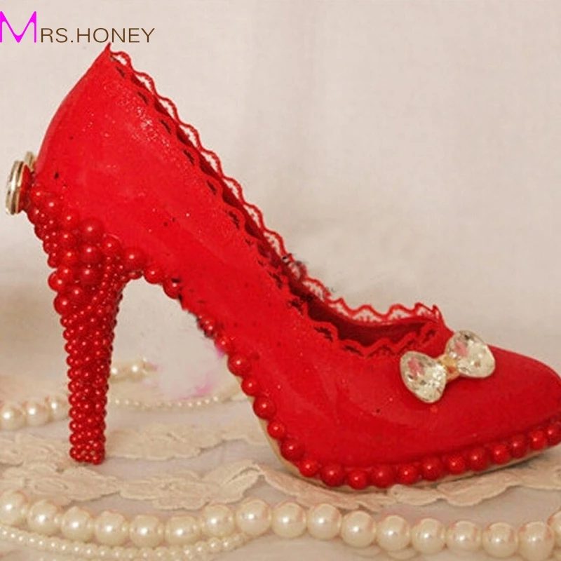 Spring Summer Red Lace Wedding Shoes Bridal Dress High Heels Shoes Platform Elegant Formal Dress Shoes Bridesmaid Shoes
