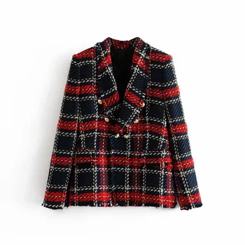 

Double Breasted Frayed Checked Tweed Blazers Coat Women 2018 Fashion Pockets Plaid Ladies Outerwear Casual Casaco Femme