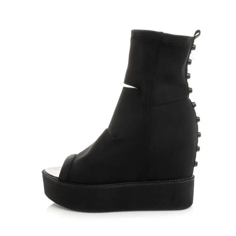 

Summer 2019 Black Stretch Knit Ankle Boots Heels Women height Increasing Short Booties Peep Toe 10CM High Heels Shoes