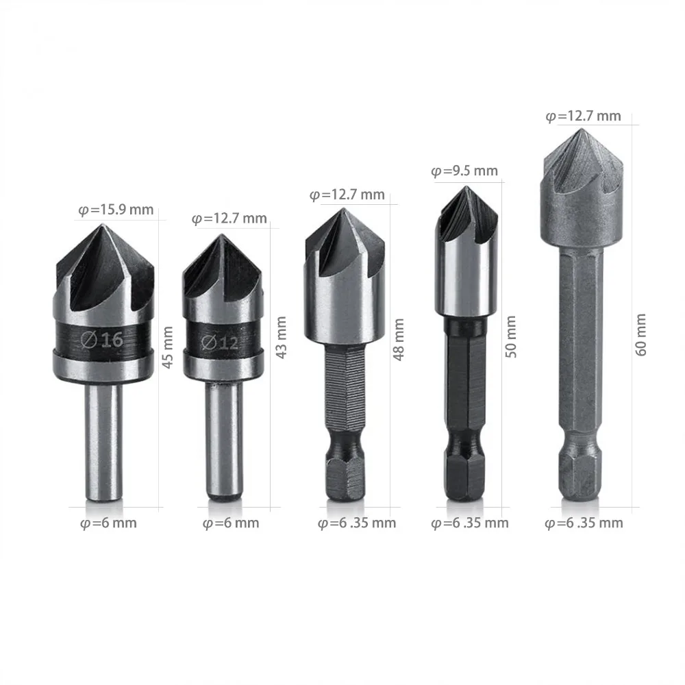 5pc Industrial 5 Flutes 82 Degree Countersink Drill Bit Set Wood Metal Working Chamfer and Deburring Tool (6)