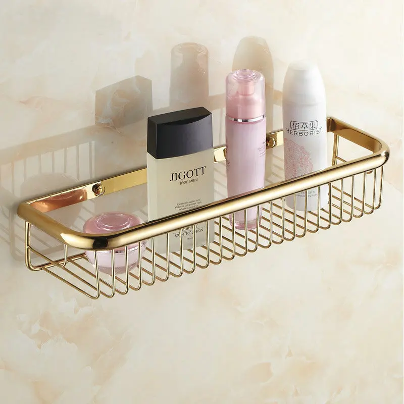 

Golden Polished Bathroom Shelf Single Shelves Wall Mounted Bathroom Accessories Basket 45cm Long 7012G2