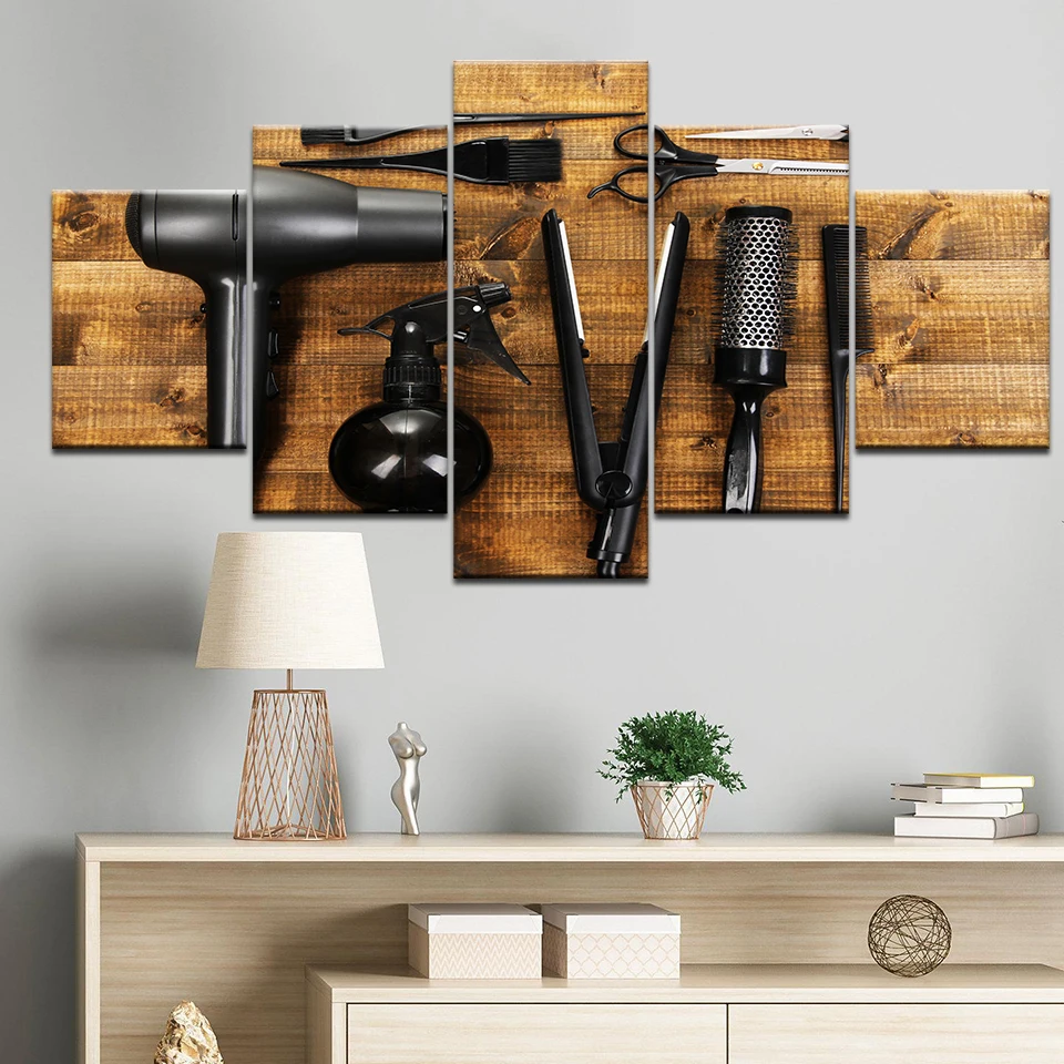 

Canvas Wall Art Pictures Home Decor 5 Piece Hairdressing Tools Scissors Comb Painting Print Barbershop Beauty Salon Poster Frame
