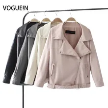Voguein Новая женская модная куртка из искусственной кожи Куртка-бомбер пальто свободная верхняя одежда пальто с поясом 4 цвета