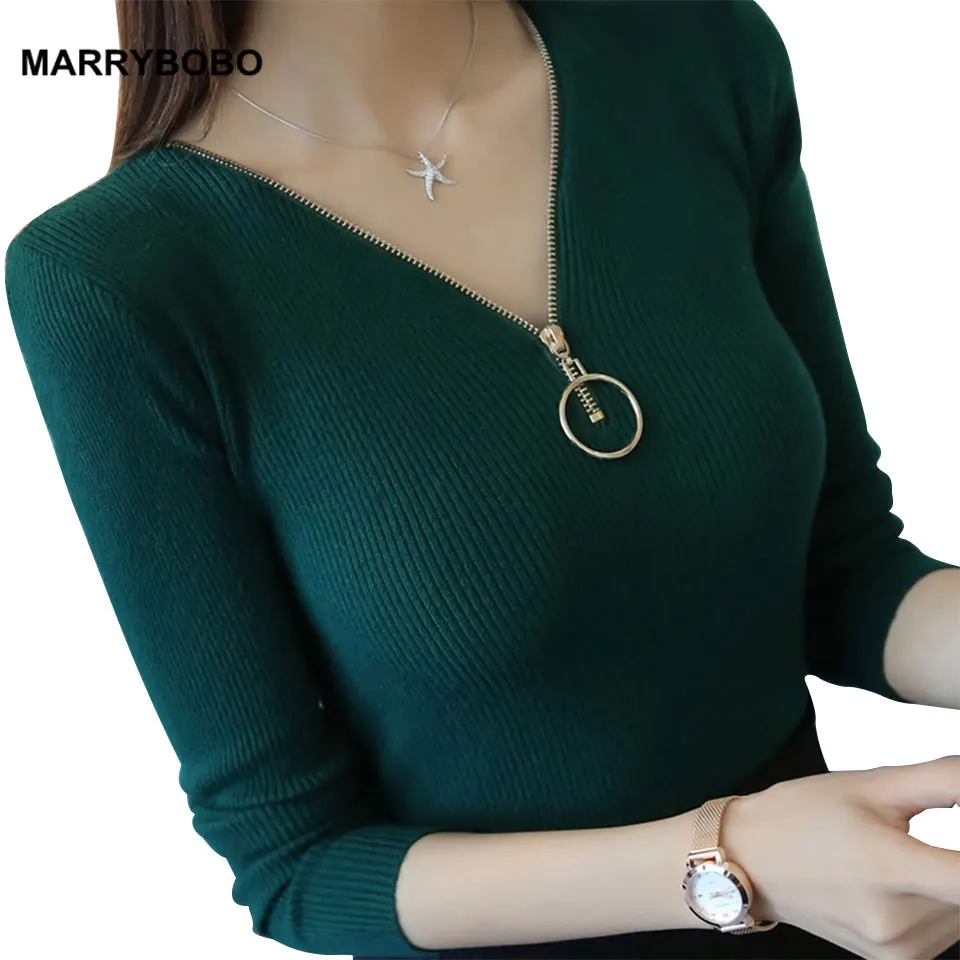 

Autumn Winter Women Sweater 2019 Casual Long Sleeve Knitted Sweater Sexy Zipper V-Neck Pullover Korean Female Slim Tops