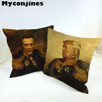 

Character Oil Painting Hero Military Uniform Medal Cloak Fur Christian Cross Cushion Cover Home Sofa Seat Decor Throw Pillow