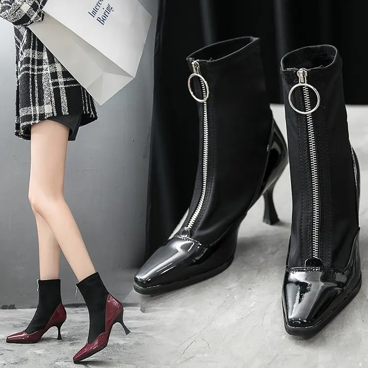 

2019 brand zipper boots ladies front large zip open medium calf leather winter thick high heel patent leather Martin boots