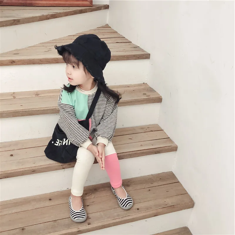Весенние хлопковые комплекты одежды для маленьких девочек Детская полосатая футболка с длинным рукавом+ леггинсы комплект из 2 предметов