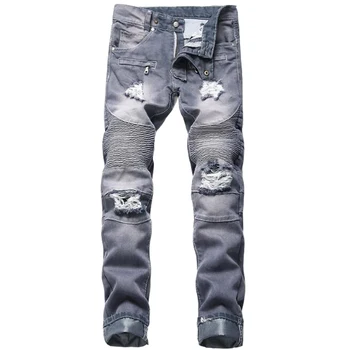 

Men jeans Brand High quality hole straight moto biker jeans men Denim Pants Jeans For Men black blue