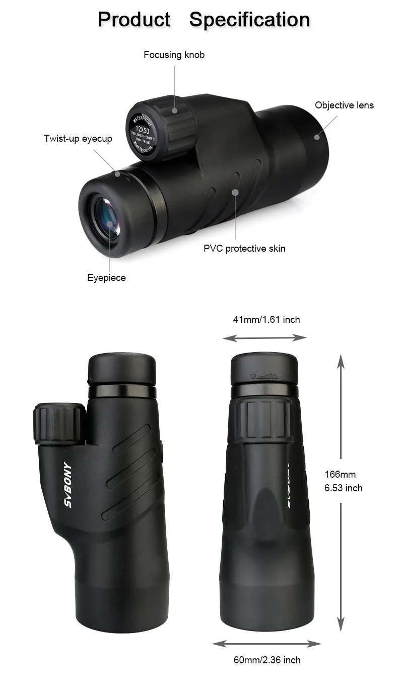 Ipx7 à Prova Svbony Monocular Prisma Completo Multi-revestido Telescópio Dwaterproof Água Viagem Caça Binóculos F9338d 12x50 Bak4 14 High Quality Ferramenta