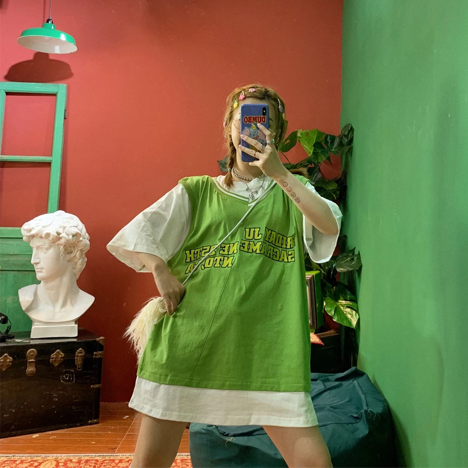 

Xia and Han embroidered oversize fake two mustard green short-sleeved t-shirts for men and women