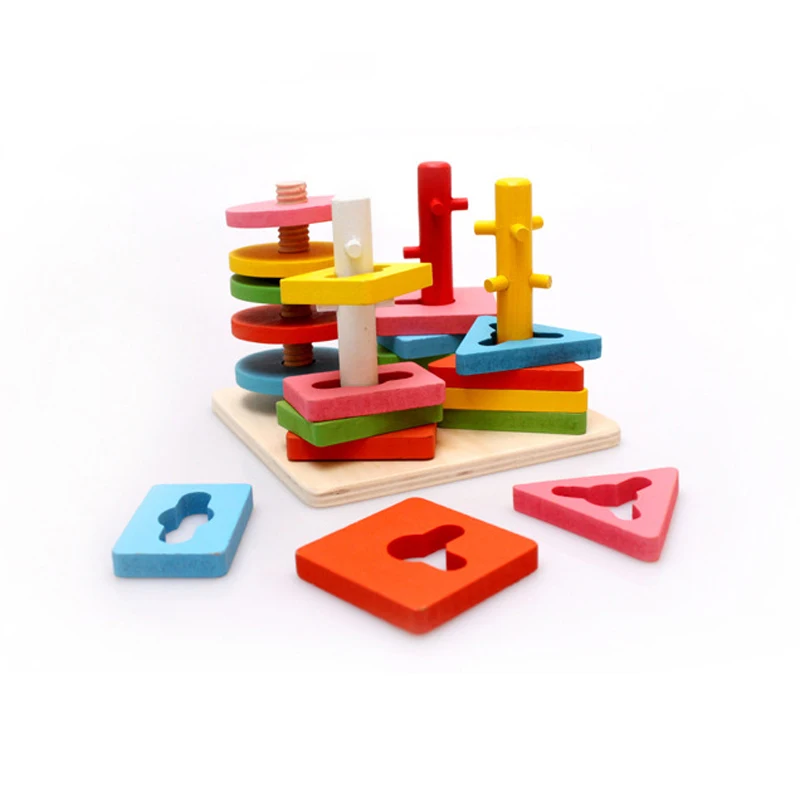 wooden column shapes stacking toys baby preschool educational geometric sorting board blocks montessori building Blocks baby-building-blocks