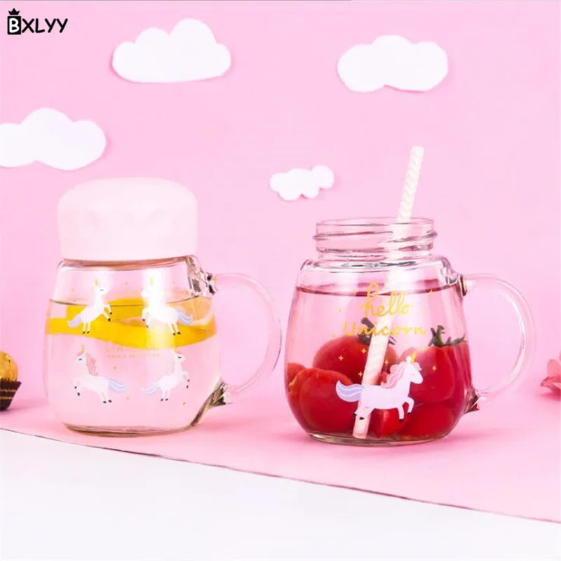 BXLYY 1 шт. Фламинго Единорог стеклянный чайник Студенческая маленькая свежая Прозрачная крышка бутылка для воды Подарочная бутылка Спортивная бутылка для движения Shaker.5z