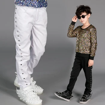 

2019 Jazz Costume Black White Rivet Pants Boy Street Dance Clothes Cloth Trousers Kids Modern Dancewear Child Show Wear DN2975