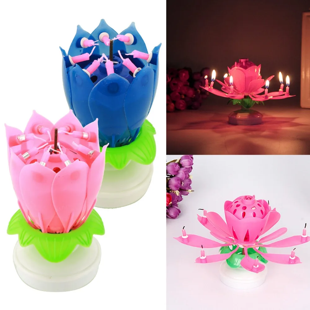 

Innovative Rotating Party Cake Topper Musical Blooming Lotus Flower Double-deck Birthday Candle Happy Birthday music