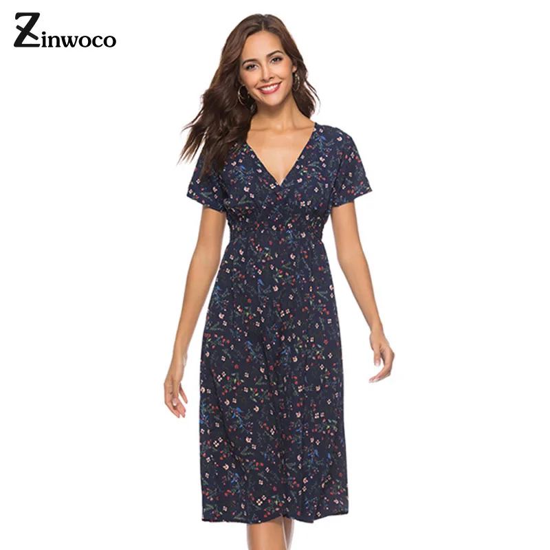 

Zinwoco Chiffon High Elastic Waist Floral Dress Women Spring Summer Flower Dress Deep V Sexy Plus Size Dresses Women Clothing