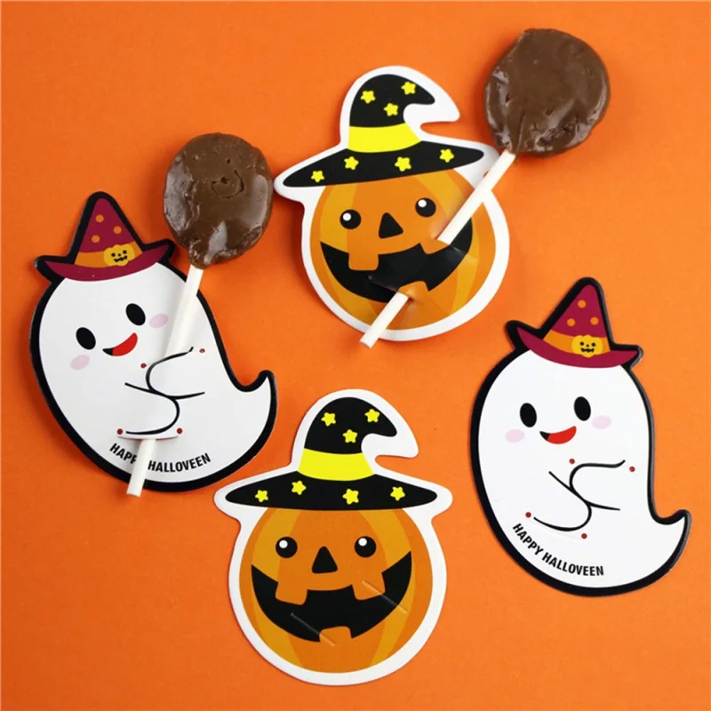 

50PCS Halloween Pumpkin Ghost Lollipop Paper Card Halloween Cake Pop Holder Card Sugar Candy Chocolate Decoration