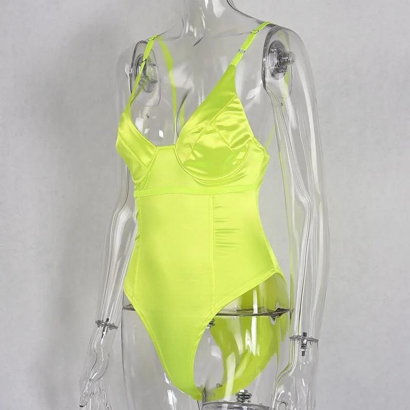 bodysuit women Bangniweigou V Neck Satin Feel Lime Green Bodysuit Women Summer Bodycon Candy Color Rompers Backless Straps Tank Leotard shapewear bodysuit